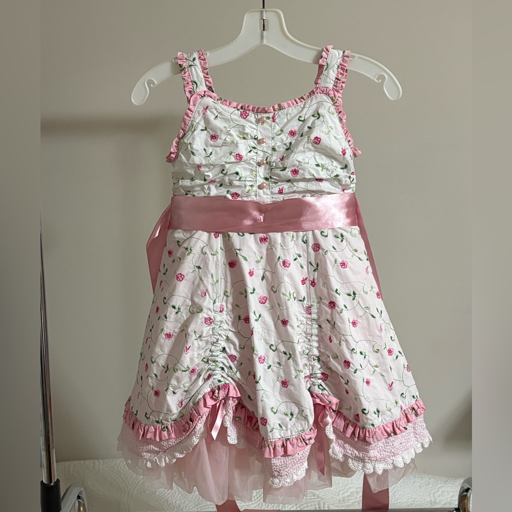 Pink Floral Ribbon-Trim Formal Dress for Girls